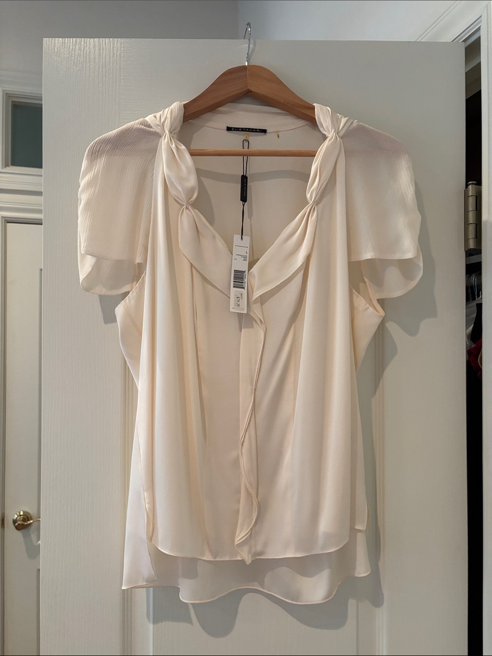 Elie Tahari Cream Braided-Neck Silk Blouse